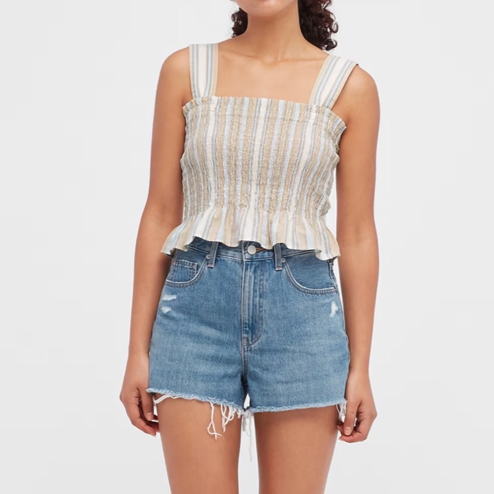 New Uniqlo Cotton Striped Smocked Sleeveless Crop Top Size Large